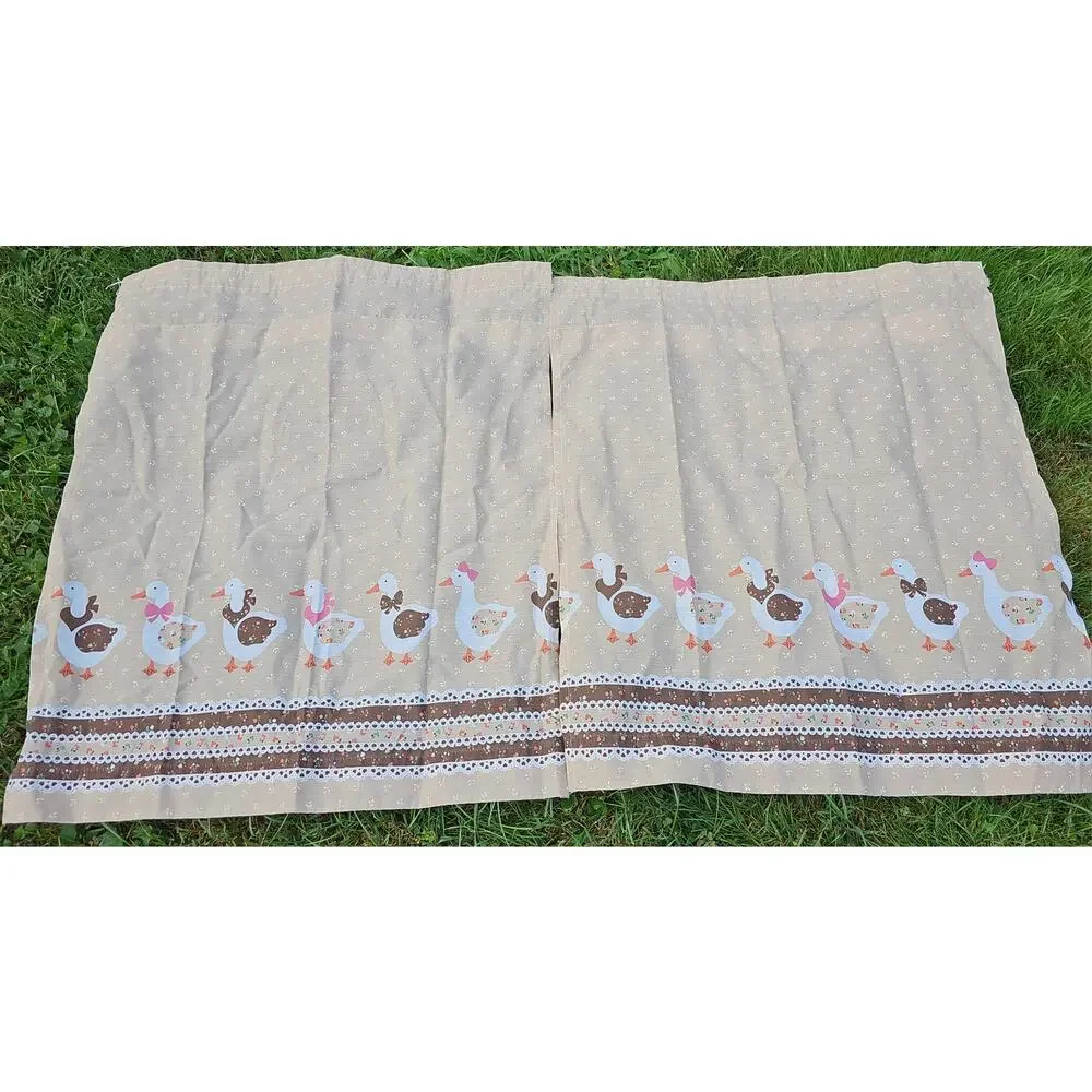 Geese 3 Pc Kitchen Curtain Set Valance Panels Cottagecore Country Bow Vintage